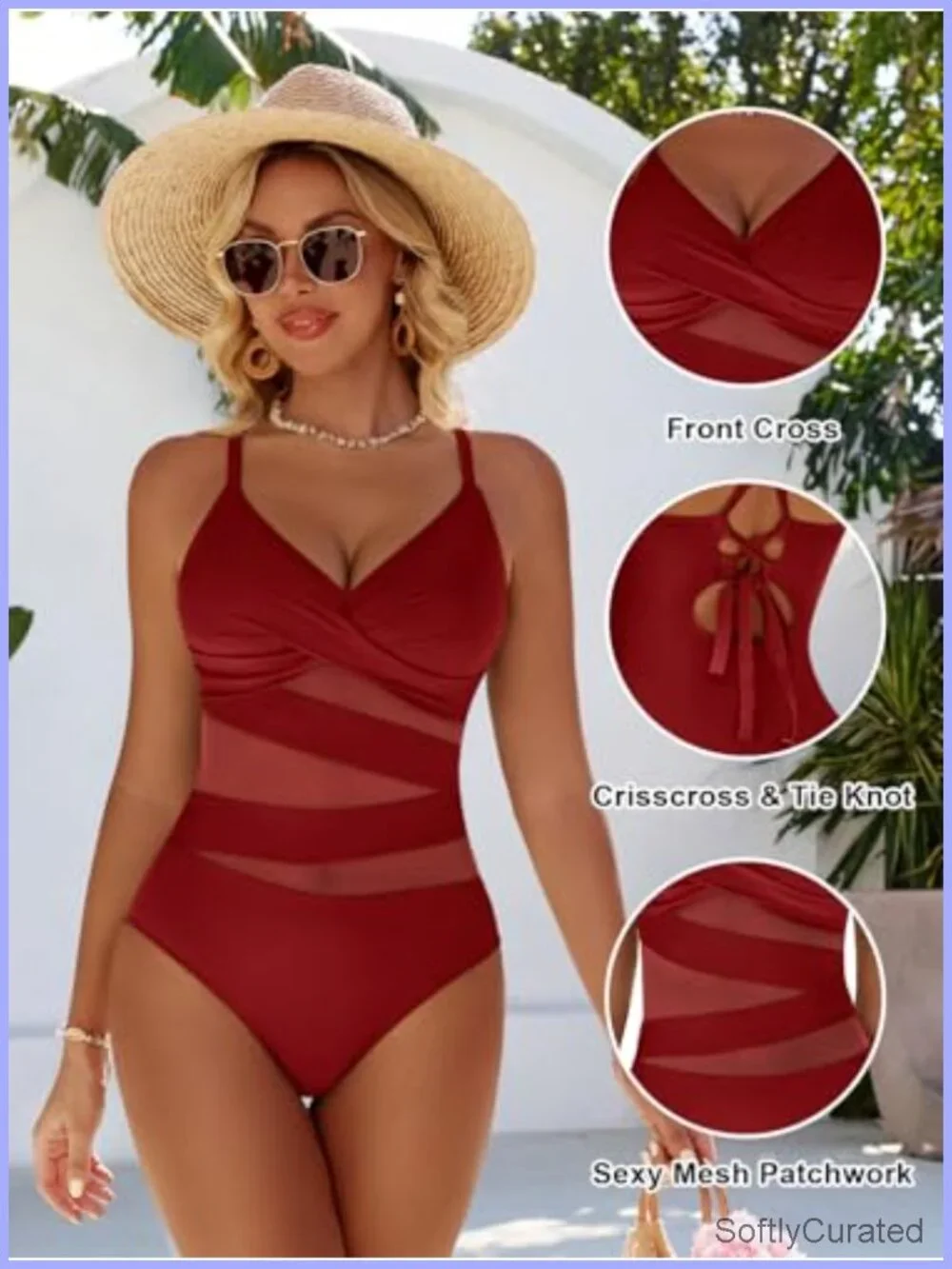 Push Up One Piece Swimsuits Tummy Control Mesh V Neck Swimwear